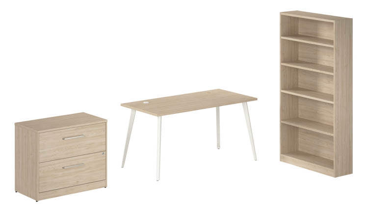 60in W Desk with Splayed Metal Legs, Lateral File Cabinet (Assembled), and Bookcase by Bush