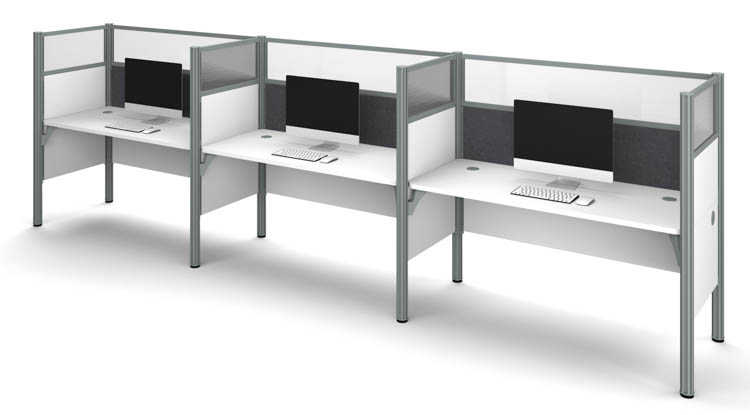Triple Side-by-Side Workstation - White with Tack Boards and Acrylic Glass Privacy Panels by Bestar