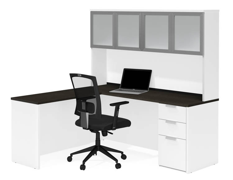 L-Shaped Desk with Frosted Glass Door Hutch by Bestar