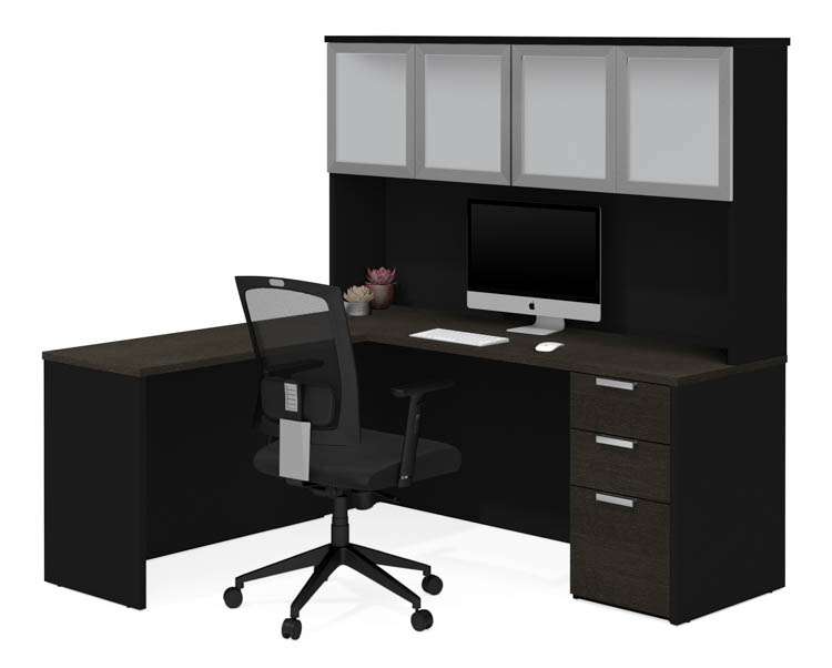 L-Shaped Desk with Frosted Glass Door Hutch by Bestar