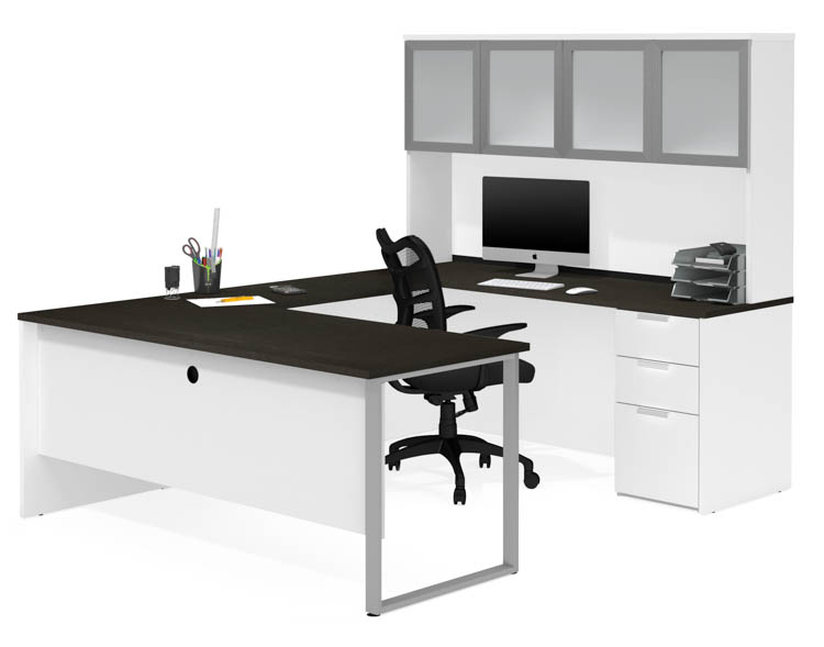 U-Sshaped Desk with Frosted Glass Door Hutch by Bestar