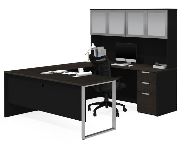 U-Sshaped Desk with Frosted Glass Door Hutch by Bestar