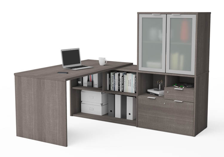 72in W L-Shaped Desk with Frosted Glass Doors Hutch by Bestar