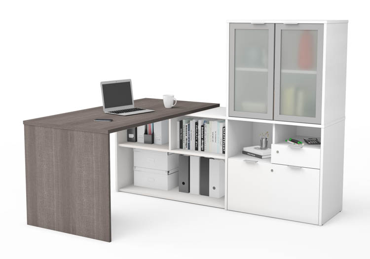 72in W L-Shaped Desk with Frosted Glass Doors Hutch by Bestar