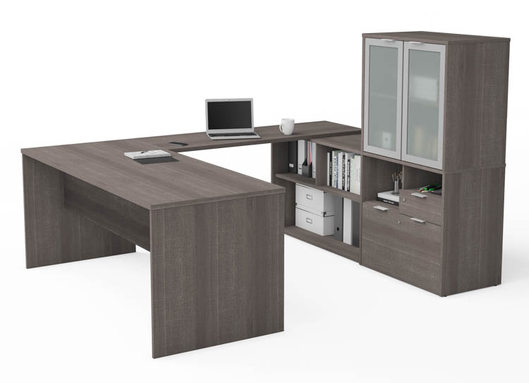 72in W U-Shaped Executive Desk with Frosted Glass Doors Hutch by Bestar