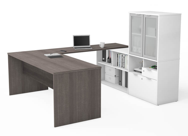72in W U-Shaped Executive Desk with Frosted Glass Doors Hutch by Bestar