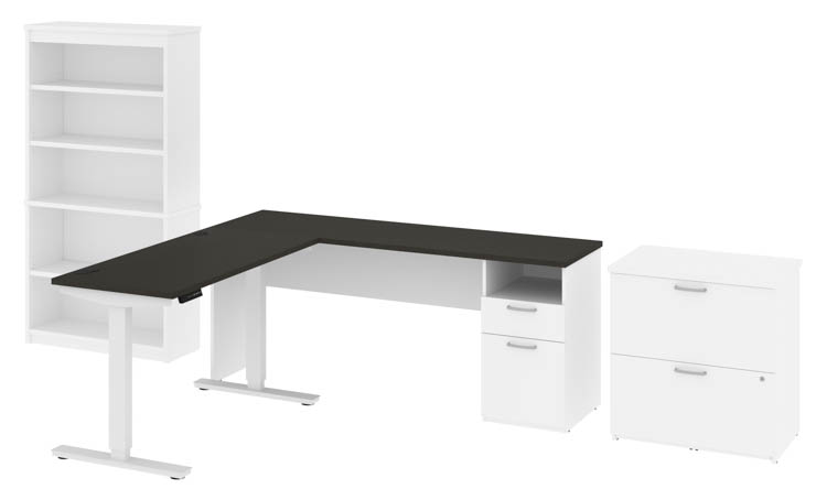 72in W L-Shaped Standing Desk with Bookcase and Lateral File Cabinet by Bestar