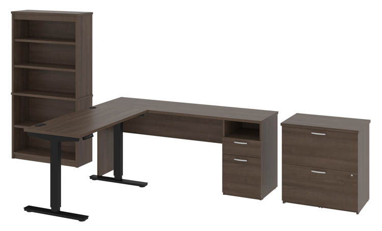 72in W L-Shaped Standing Desk with Bookcase and Lateral File Cabinet by Bestar
