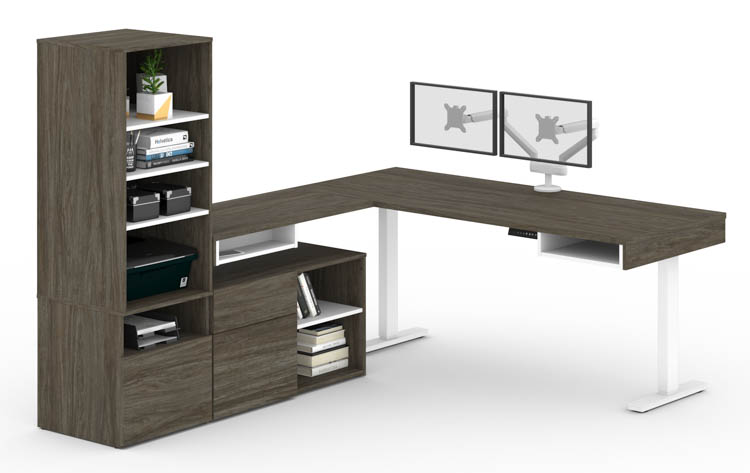 72in W L-Shaped Standing Desk with Credenza, Storage Unit and Dual Monitor Arm by Bestar