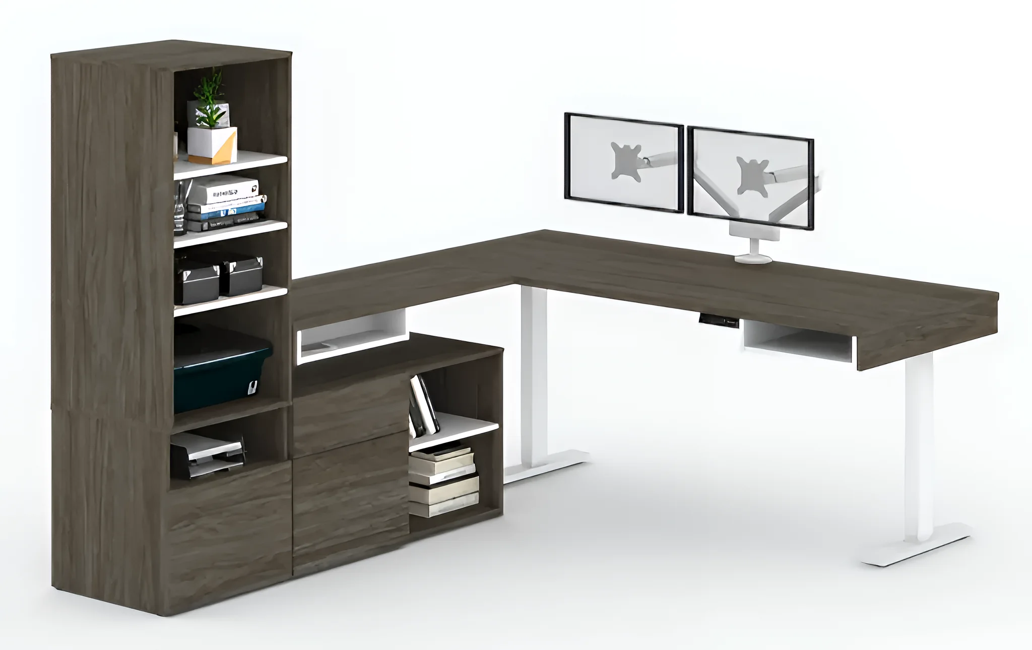 72in W L-Shaped Standing Desk with Credenza, Storage Unit and Dual Monitor Arm (set of 2) by Bestar