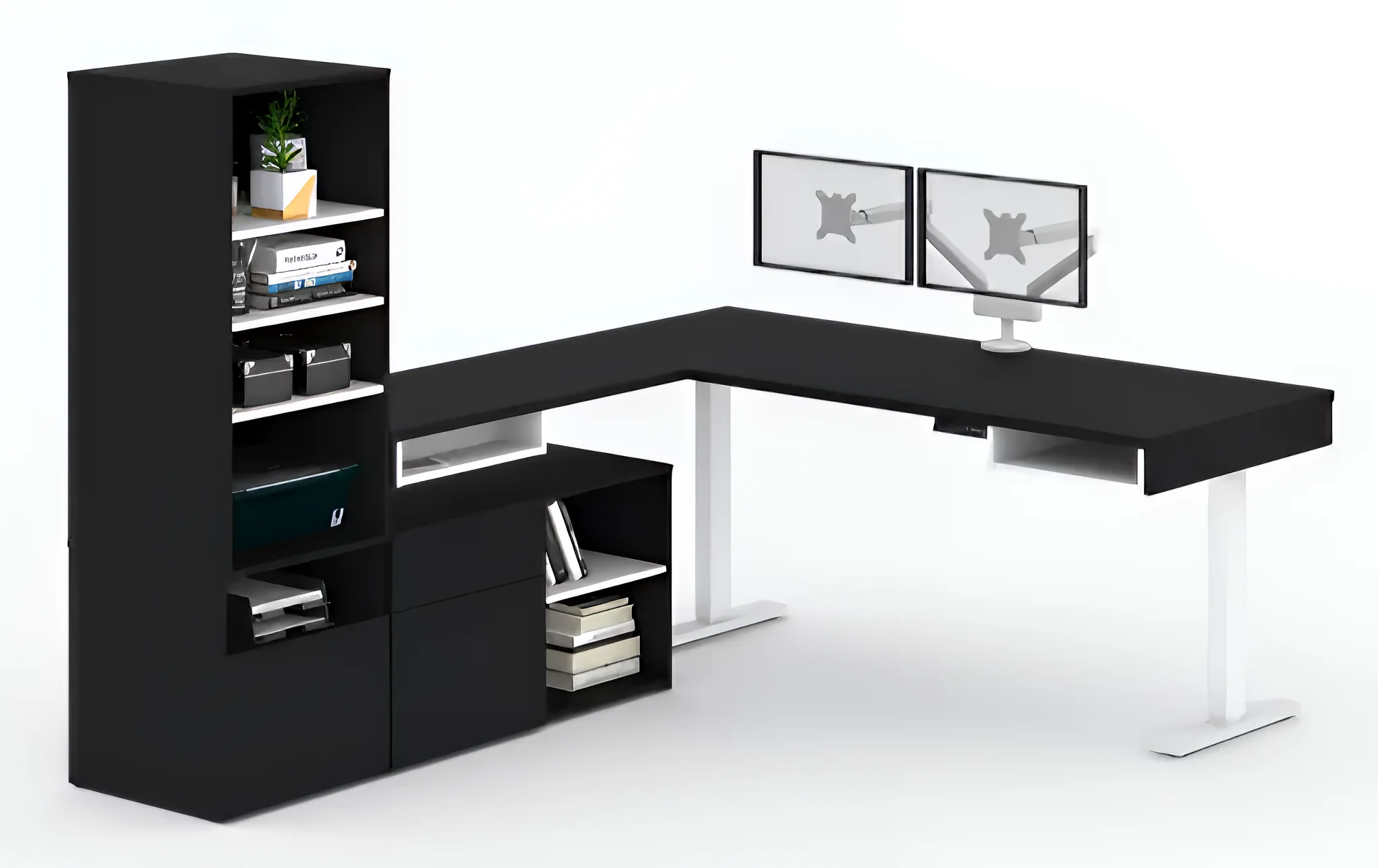 72in W L-Shaped Standing Desk with Credenza, Storage Unit and Dual Monitor Arm (set of 2) by Bestar