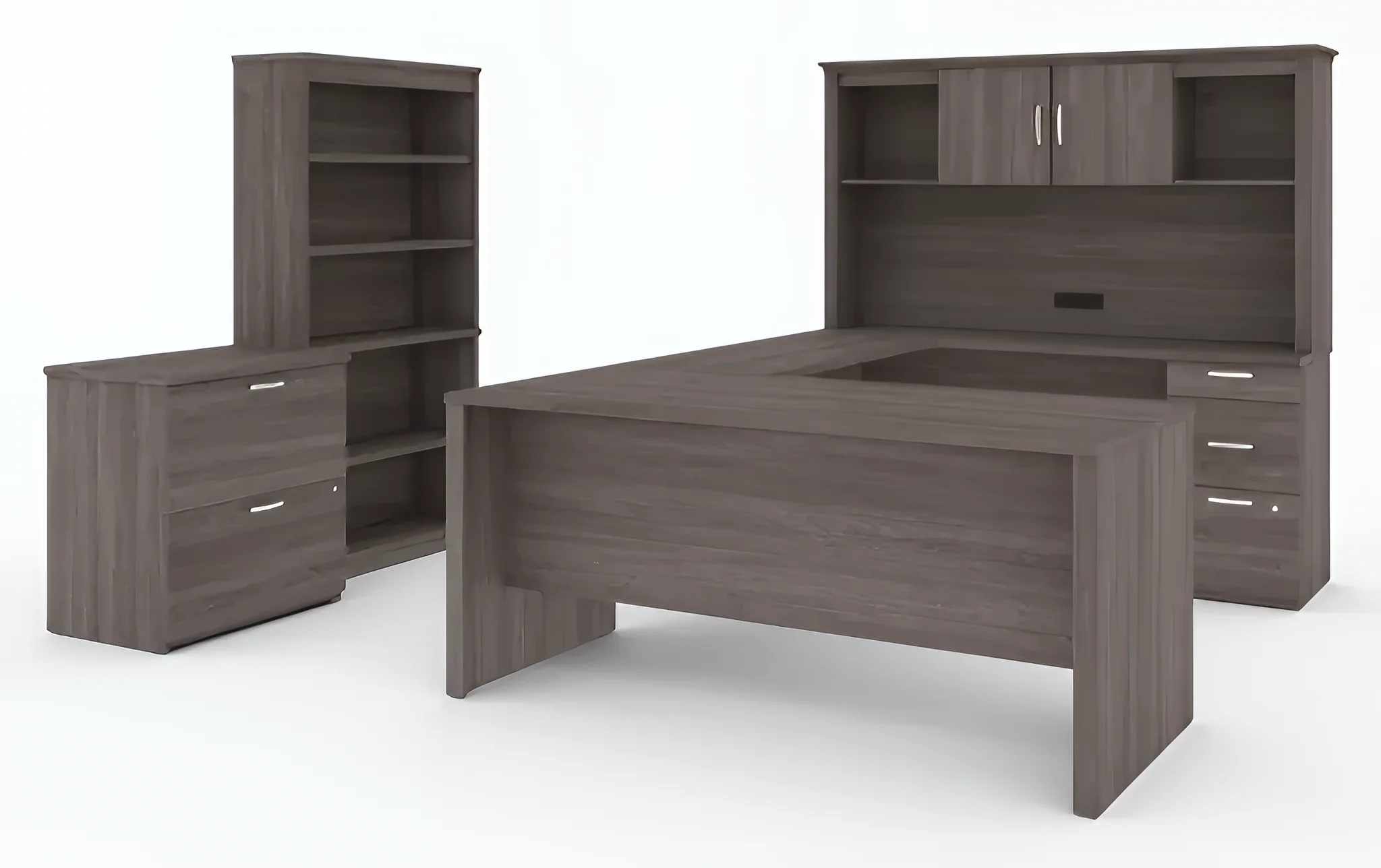 Bestar Logan 66" U-Shaped Executive Desk with Hutch, Lateral File Cabinet, and Bookcase, Bark Grey (46851-47)