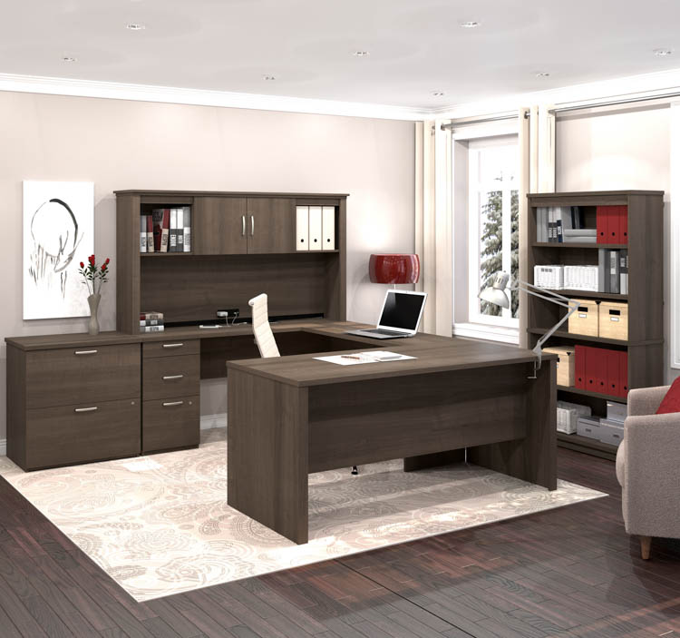 U or L-Shaped Executive Desk with Hutch, Lateral File Cabinet and Bookcase by Bestar