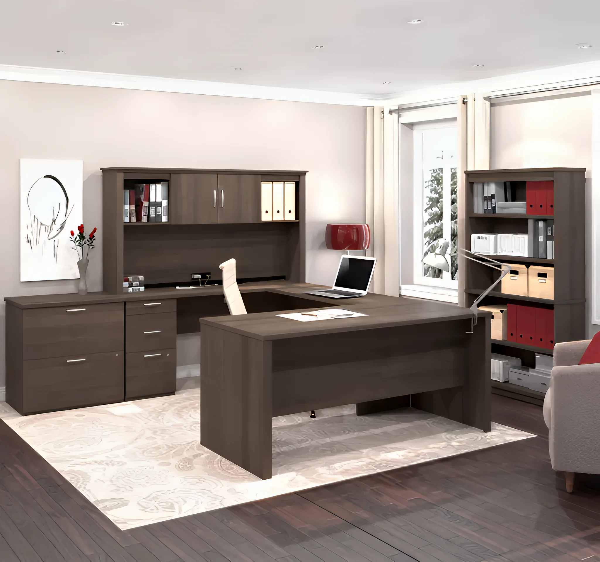 U or L-Shaped Executive Desk with Hutch, Lateral File Cabinet and Bookcase by Bestar
