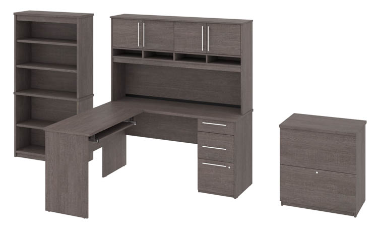 L-Shaped Desk with Pedestal and Hutch, Lateral File Cabinet and Bookcase by Bestar