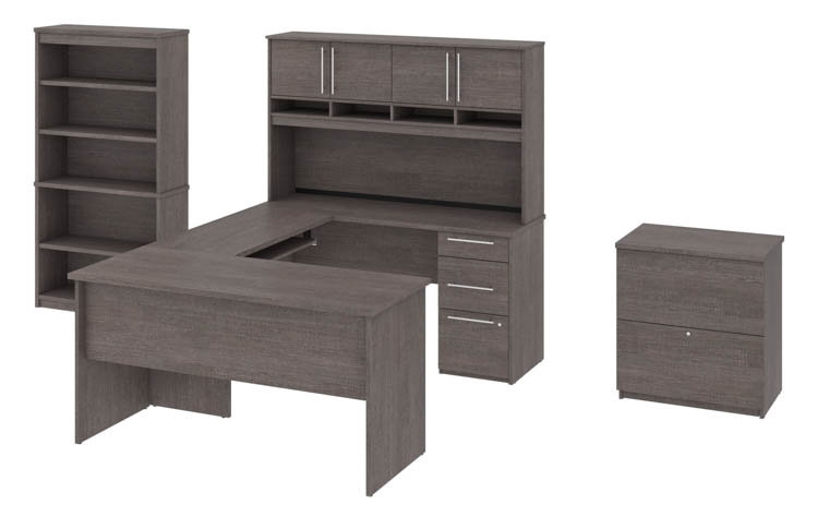 U or L-Shaped Desk with Pedestal and Hutch, Lateral File Cabinet and Bookcase by Bestar