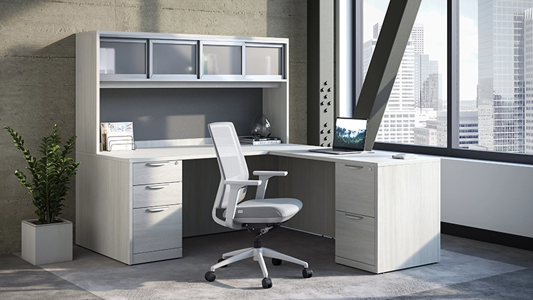 L-Desk 71in W x 77in D with Door Hutch and 2 and 3 Drawer Pedestals by Office Source