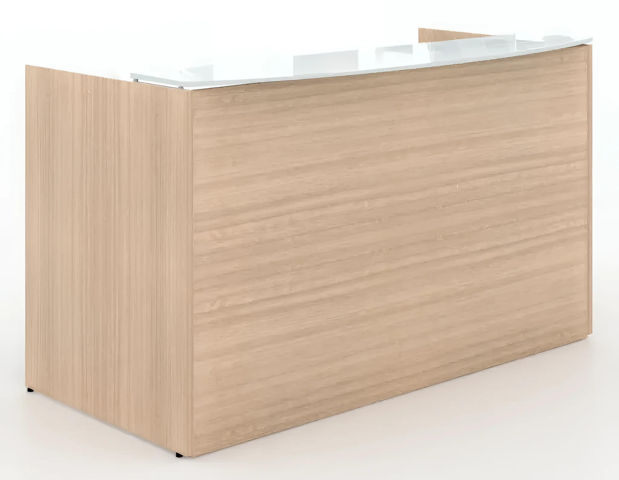 72in Single Pedestal Reception Desk with Floated White Glass Transaction Top by Corp Design in Weatherwood Sunlight