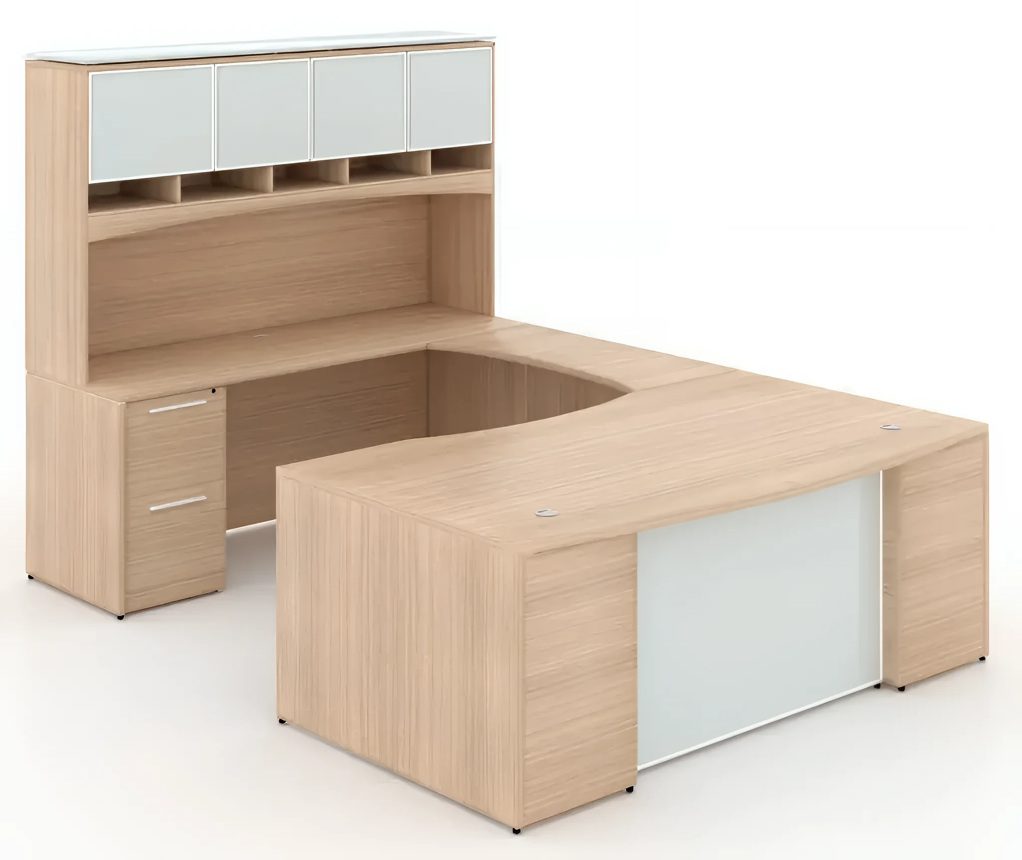 Bow-Front U-Desk 72in W x 108in D with 2 and 3 Drawer Pedestals and Hutch Modesty Panel by Corp Design