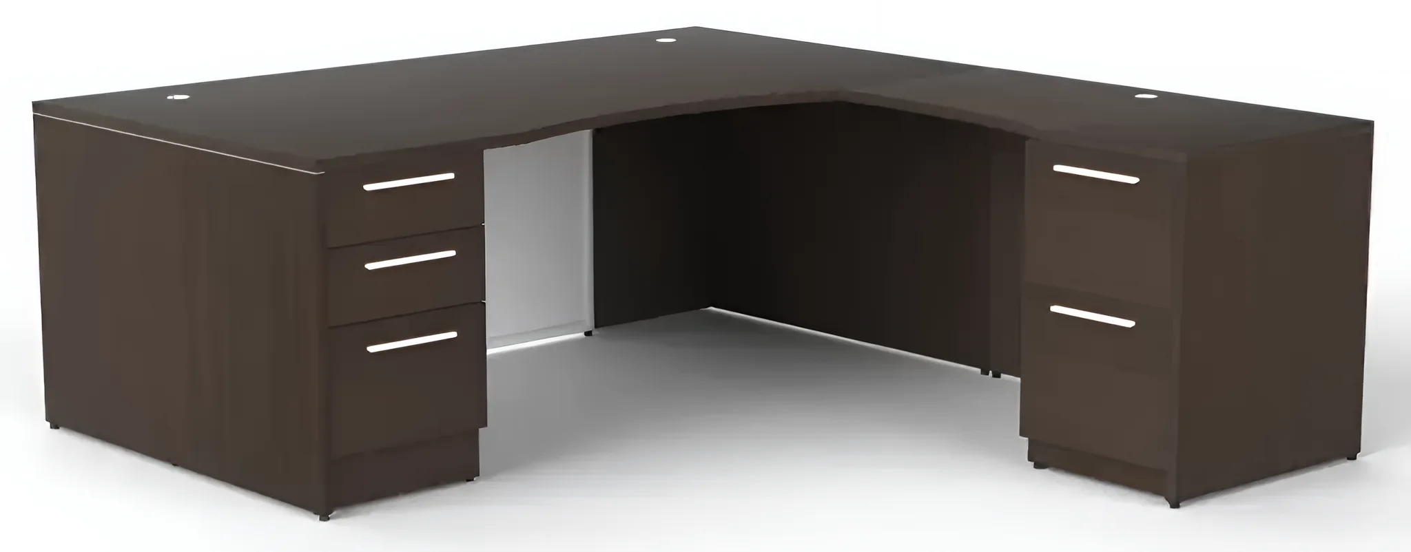 Bow-Front L-Desk Glass 72in W x 84in D with 2 and 3 Drawer Pedestals by Corp Design