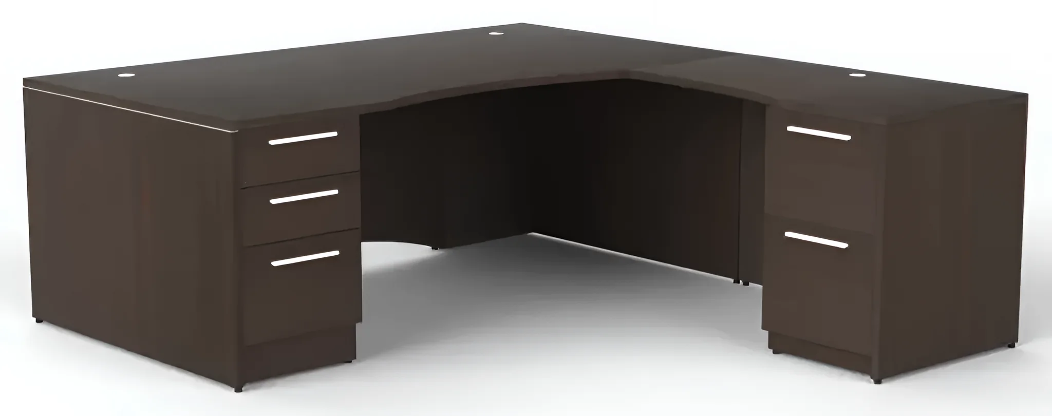 Bow-Front L-Desk 72in W x 84in D with 2 and 3 Drawer Pedestals by Corp Design