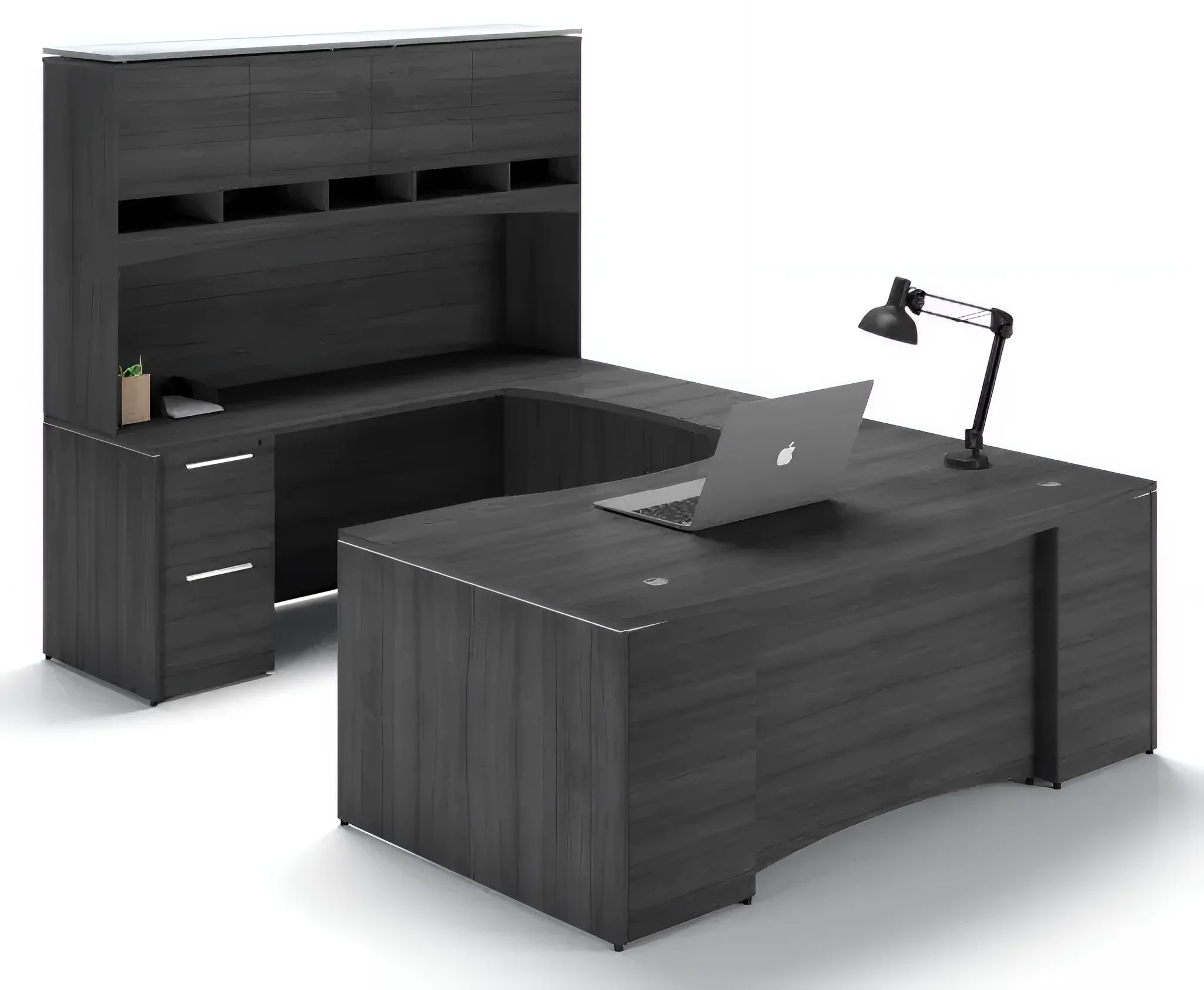 Bow-Front U-Desk 72in W x 108in D with 2 and 3 Drawer Pedestals and Hutch Glass Top by Corp Design
