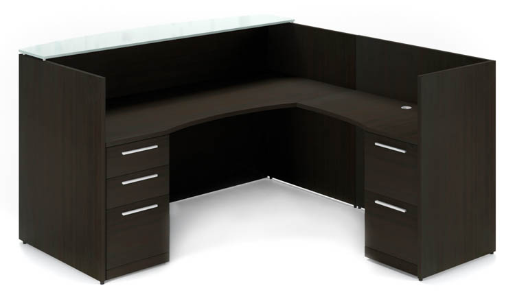 L Shaped Double Pedestal Reception Desk with Glass Transactional Floated Top by Corp Design