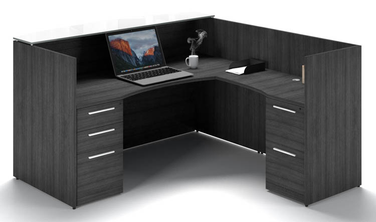 L Shaped Double Pedestal Reception Desk with Glass Transactional Floated Top by Corp Design