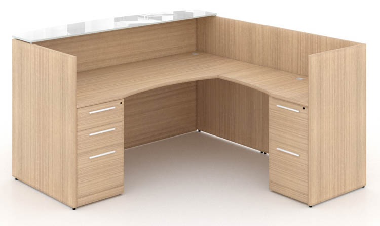 L Shaped Double Pedestal Reception Desk with Glass Transactional Floated Top by Corp Design