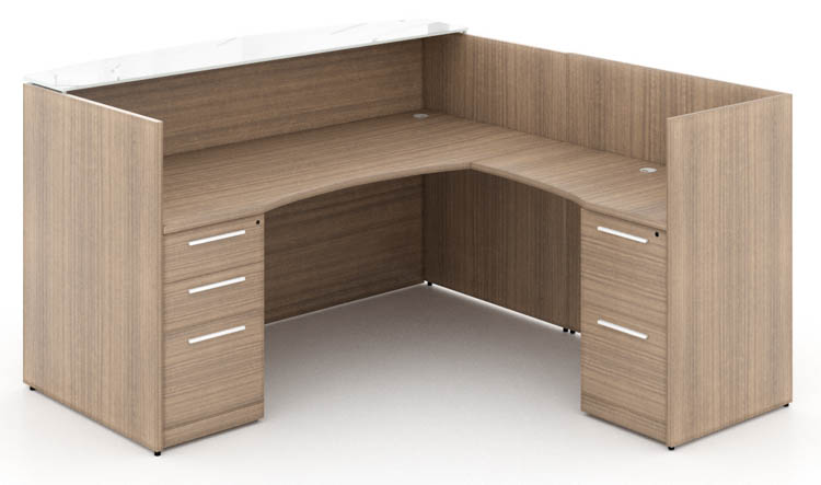 L Shaped Double Pedestal Reception Desk with Glass Transactional Floated Top by Corp Design