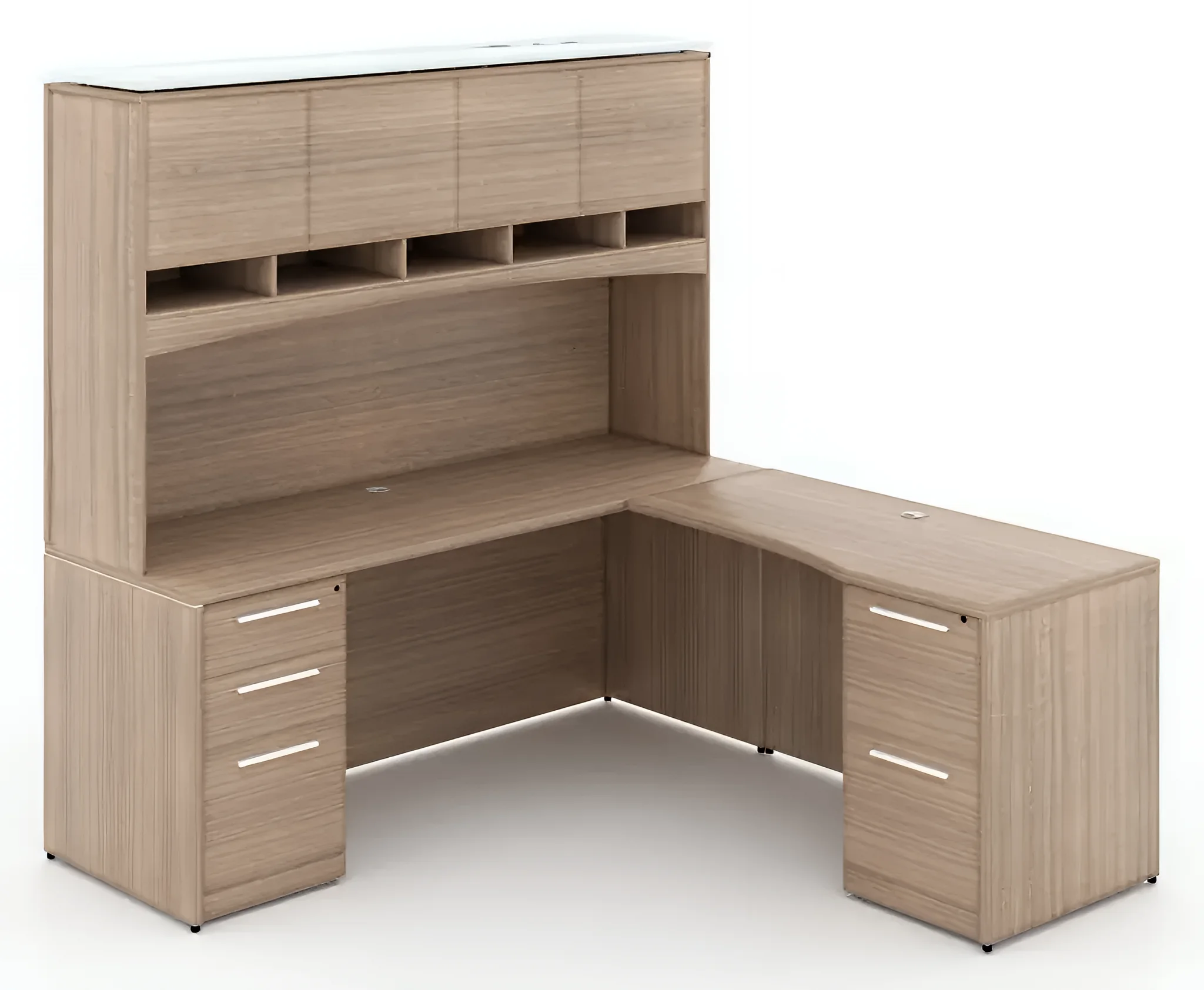L-Desk 72in W x 66in D with 2 and 3 Drawer Pedestals and Hutch by Corp Design