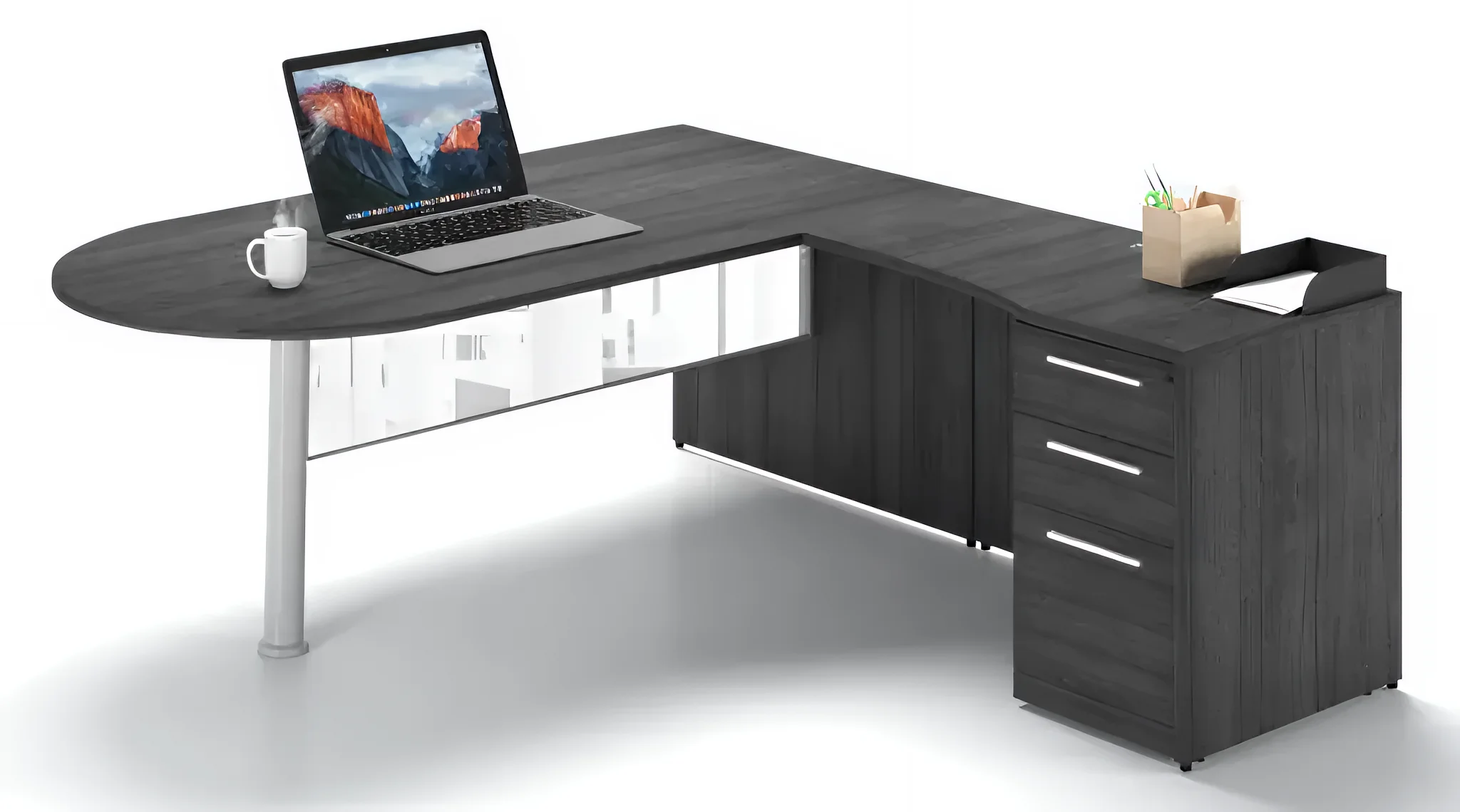 Bullet-End L-Desk 72in W x 84in D with 3 Drawer Pedestal by Corp Design