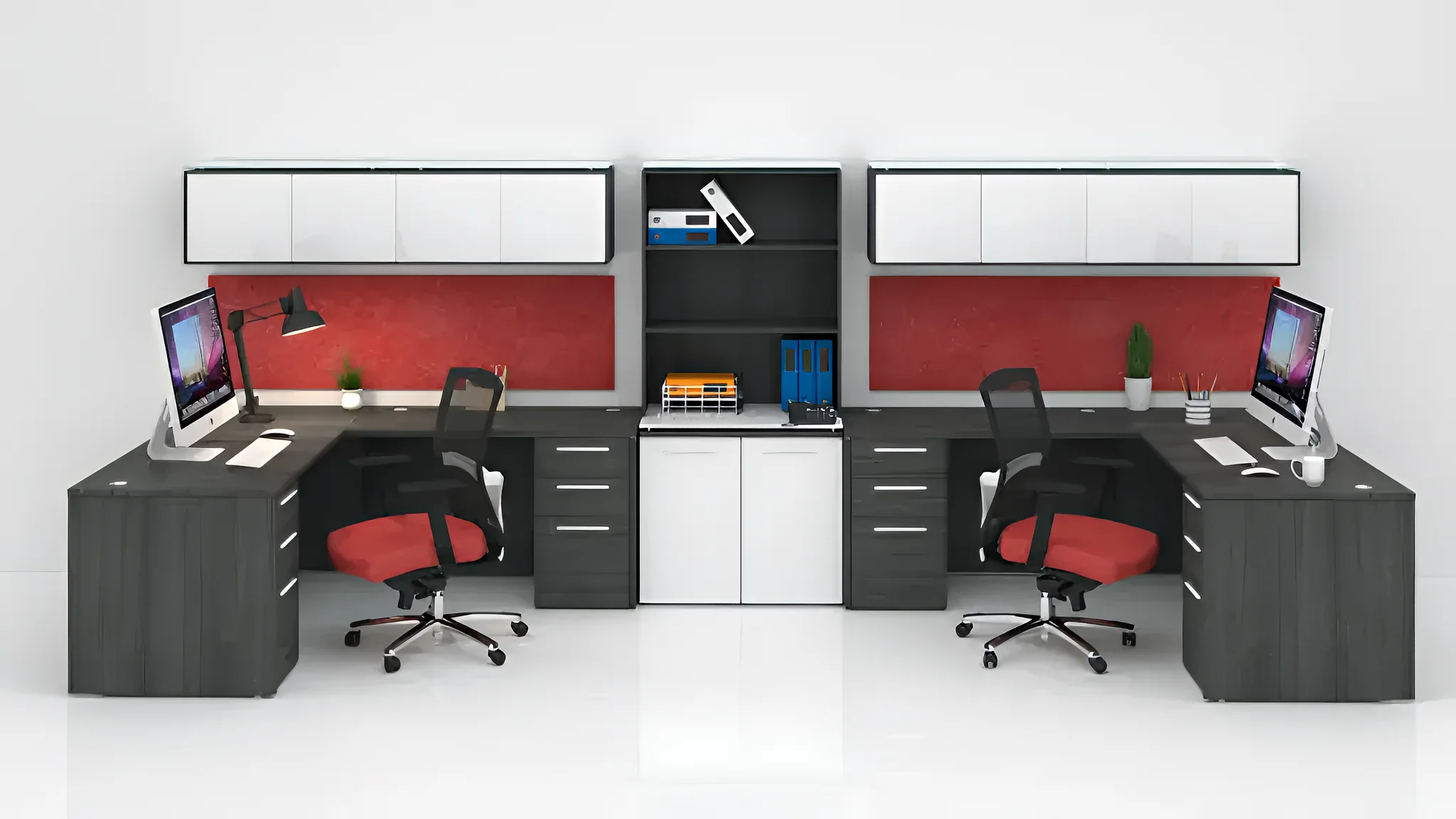 Double Workstation with Storage by Corp Design in Weatherwood Gray