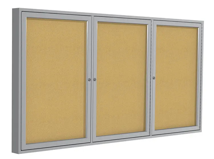Ghent 3 Door Enclosed Natural Cork Bulletin Board, Satin Aluminum Frame, 3H x 6W, (GHEPA33672K) | Quill