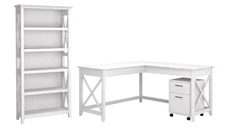 L Shaped Single Pedestal Desks Bush Furniture 60in W L-Shaped Desk with Mobile File Cabinet and 5 Shelf Bookcase