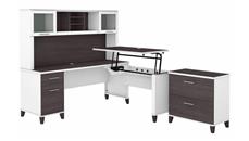 Standing Desks - Manually Adjustable Bush Furniture 6ft W 3 Position Sit to Stand L-Shaped Desk with Hutch and Lateral File Cabinet