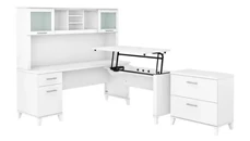 Standing Desks - Manually Adjustable Bush Furniture 6ft W 3 Position Sit to Stand L-Shaped Desk with Hutch and Lateral File Cabinet