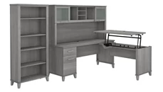 Standing Desks - Manually Adjustable Bush Furniture 6ft W 3 Position Sit to Stand L-Shaped Desk with Hutch and Bookcase