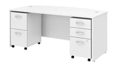 Stand-Alone Double Pedestal Desks Bush Furniture 72in W x 36in D Bow Front Desk with 2 Assembled Mobile File Cabinets