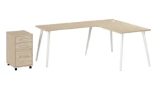 L Shaped Single Pedestal Desks Bush Furniture 60in W L-Shaped Desk with Splayed Metal Legs and Mobile File Cabinet (Assembled)