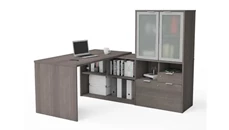 L Shaped Single Pedestal Desks Bestar 72in W L-Shaped Desk with Frosted Glass Doors Hutch