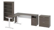 Standing Desks - Electronically Adjustable Bestar 72in W L-Shaped Standing Desk with Bookcase and Lateral File Cabinet