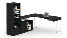 Standing Desks - Electronically Adjustable Bestar 72in W L-Shaped Standing Desk with Credenza and Storage Unit