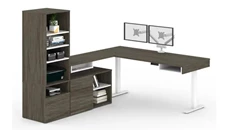 Standing Desks - Electronically Adjustable Bestar 72in W L-Shaped Standing Desk with Credenza, Storage Unit and Dual Monitor Arm