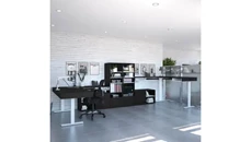 Standing Desks - Electronically Adjustable Bestar 72in W L-Shaped Standing Desk with Credenza, Storage Unit and Dual Monitor Arm (set of 2)