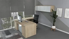 L Shaped Double Pedestal Desks NDI Office Furniture 66in x 72in Double Ped L-Desk w/ Curve User Side and Glass Modesty