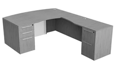 L Shaped Double Pedestal Desks NDI Office Furniture 71in x 78in Bow Front Double Ped L-Desk w/ Curve User Side and Glass Modesty