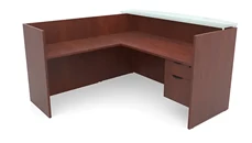 Reception Desks - L Shaped PBD Furniture 72in x 72in L-Shaped Reception Desk Single Hanging Pedestal with Glass Transaction Counter