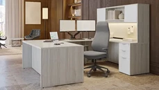 U Shaped Desks with Hutch PBD Furniture 72in x 96in Two Tone Double Pedestal U-Desk with Door Hutch