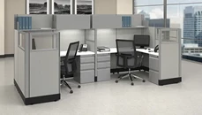 Cubicles WFB Designs 53in H 2-Person Cubicle with Glass and Fabric Panels and Overheads - Powered